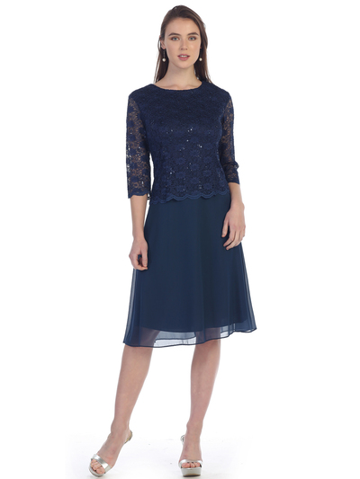 SF-8838 Three-Quarter Sleeve Lace Overlay Cocktail Dress - Navy, Front View Medium