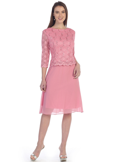 SF-8838 Three-Quarter Sleeve Lace Overlay Cocktail Dress - Rose, Front View Medium