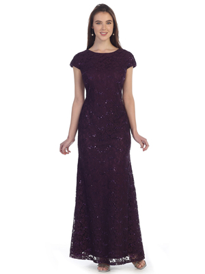 SF-8841 Floor Length Cap Sleeve Evening Dress with Sequin, Plum
