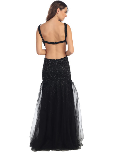 ST581 Scoop Neck Illusion Cutout Back Evening Dress - Black, Back View Medium