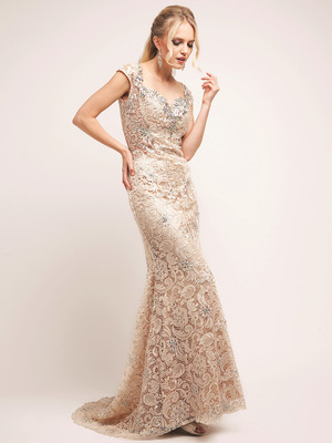 XC002 Lace Formal Dress with Train, Champagne