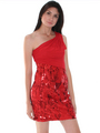 CE1193 One Shoulder Chiffon Sequin Party Dress - Red, Front View Thumbnail