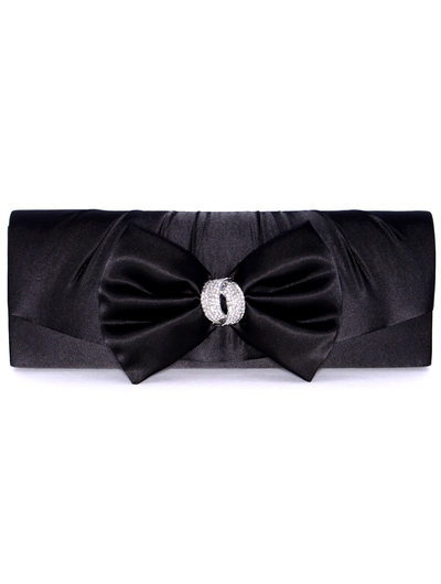 HBG92027 Black Satin Evening Bag with Bow - Black, Front View Medium
