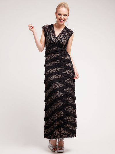 J8001 Lace and Layers Evening Dress - Black, Front View Medium