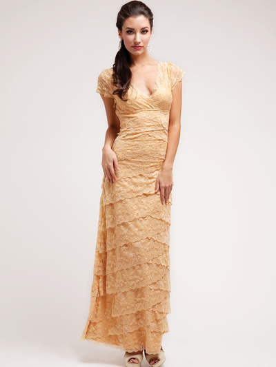 J8001 Lace and Layers Evening Dress - Gold, Front View Medium