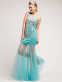 J9006 Sheer & Chiffon Sparkling Stones Special Occasion Dress - Aqua, Front View Thumbnail
