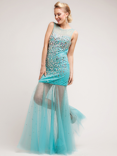 J9006 Sheer & Chiffon Sparkling Stones Special Occasion Dress - Aqua, Front View Medium