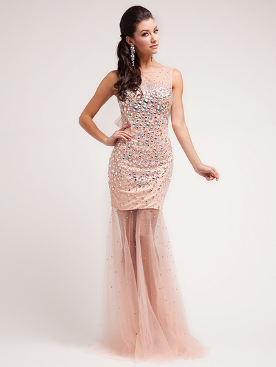 J9006 Sheer & Chiffon Sparkling Stones Special Occasion Dress - Blush, Front View Medium