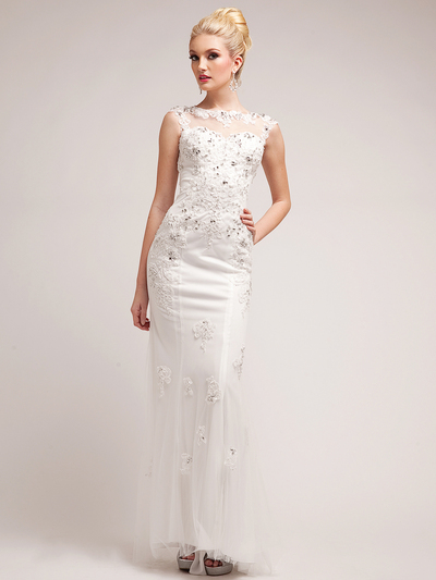 JC3202W Off White Illusion Yoke Embroidered Mesh Gown - Off White, Front View Medium
