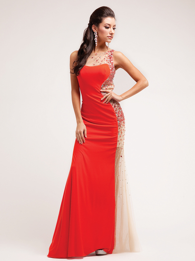 JC3205 Red Sexy Side Embellished Evening Dress - Tangerine Red, Front View Medium