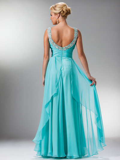 JC908 Lace Top & Stone Trim Prom Dress - Aqua, Back View Medium