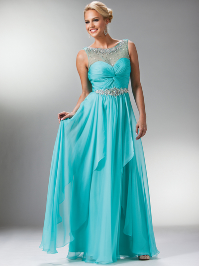 JC908 Lace Top & Stone Trim Prom Dress - Aqua, Front View Medium