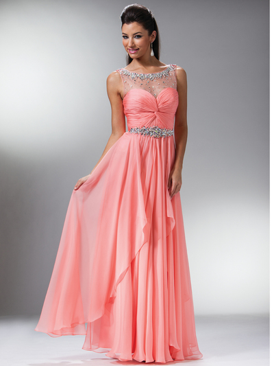 JC908 Lace Top & Stone Trim Prom Dress - Light Coral, Front View Medium