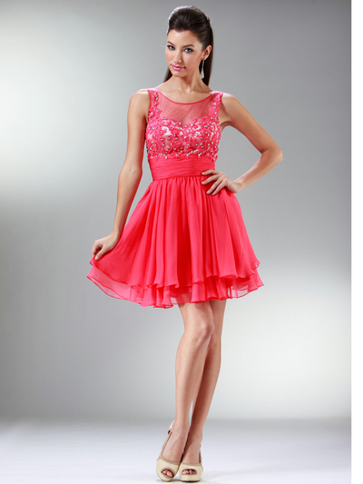 JC918 Short Special Occasion Cocktail Dress - Watermelon, Front View Medium