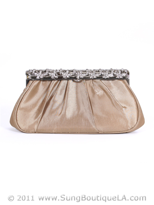 M40007 Taupe Satin Evening Bag with Rhinestone Frame, Taupe
