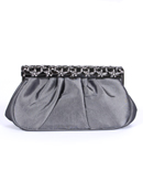 Pewter Satin Evening Bag with Rhinestone Frame