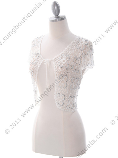 SB1800 White Crochet Bolero Jacket with Beads - White, Alt View Medium