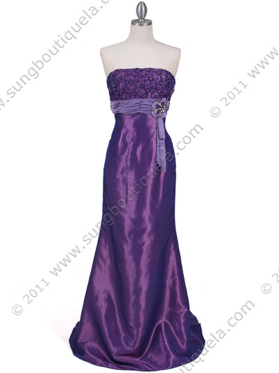 0112 Purple Strapless Taffeta Evening Gown - Purple, Front View Medium