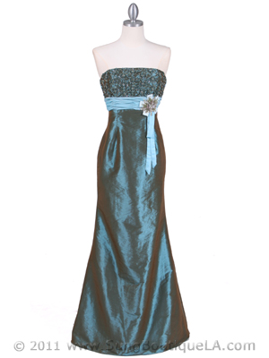0112 Turquoise Strapless Taffeta Evening Gown, Turquoise