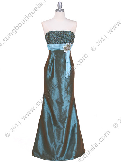 0112 Turquoise Strapless Taffeta Evening Gown - Turquoise, Front View Medium