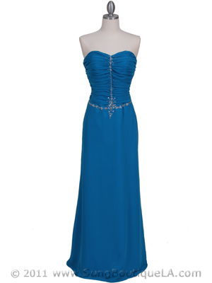 0116N Strapless Blue Chiffon Evening Dress, Blue
