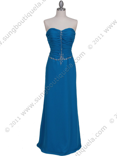 0116N Strapless Blue Chiffon Evening Dress - Blue, Front View Medium