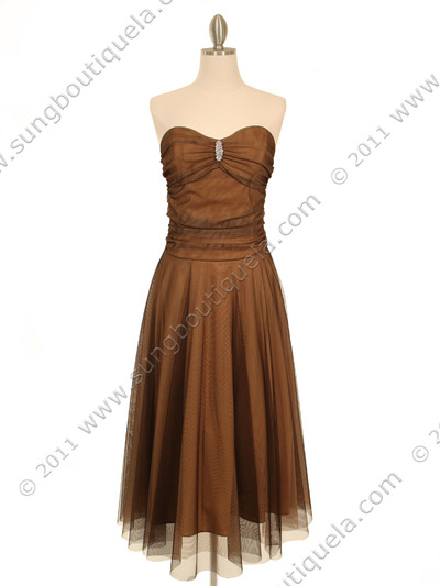 012 Strapless Brown Evening Dress - Brown, Front View Medium