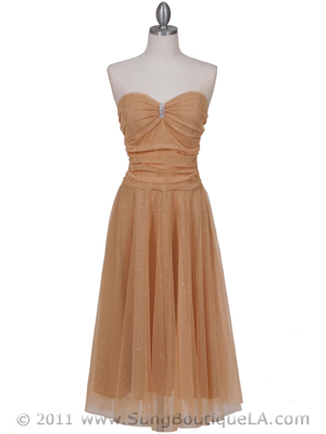 012A Strapless Gold Glitter Tea Length Dress, Gold