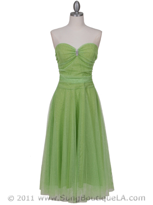012A Strapless Green Glitter Tea Length Dress, Green