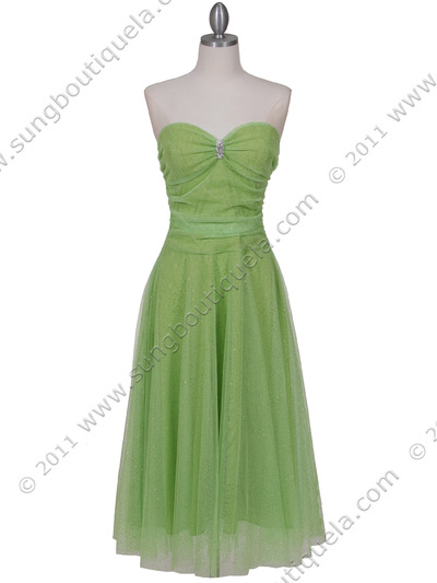 012A Strapless Green Glitter Tea Length Dress - Green, Front View Medium