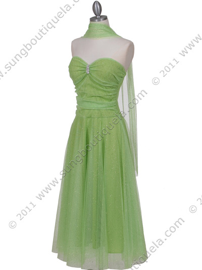 012A Strapless Green Glitter Tea Length Dress - Green, Alt View Medium