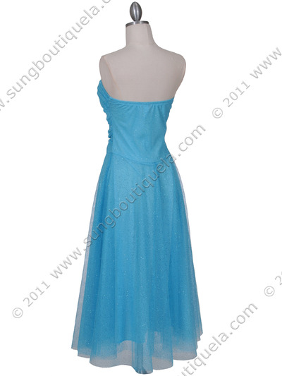 012A Strapless Turquoise Glitter Tea Length Dress - Turquoise, Back View Medium