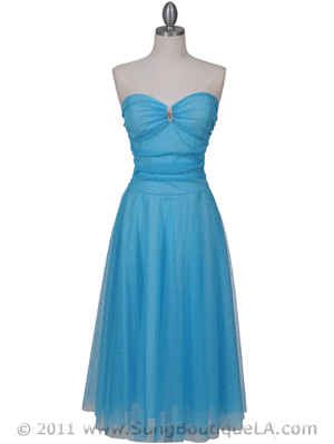 012A Strapless Turquoise Glitter Tea Length Dress, Turquoise