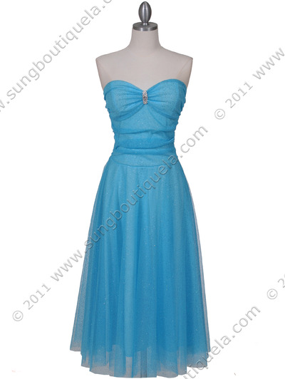 012A Strapless Turquoise Glitter Tea Length Dress - Turquoise, Front View Medium
