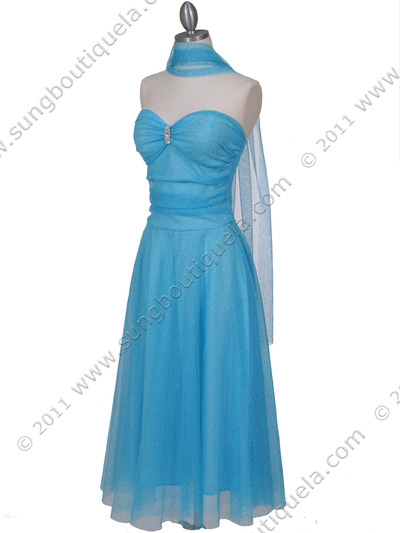 012A Strapless Turquoise Glitter Tea Length Dress - Turquoise, Alt View Medium
