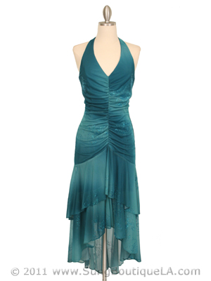 018 Turquoise Matt Jersey Halter Dress with Flower Print, Turquoise