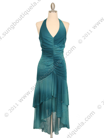 018 Turquoise Matt Jersey Halter Dress with Flower Print - Turquoise, Front View Medium