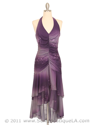 018 Purple Matt Jersey Halter Dress with Flower Print, Purple
