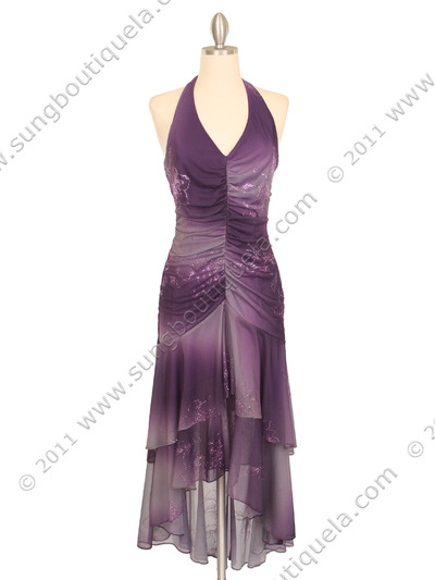 018 Purple Matt Jersey Halter Dress with Flower Print - Purple, Front View Medium