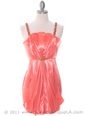 0213 Coral Satin Cocktail Dress, Coral