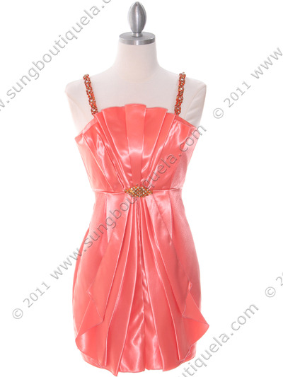 0213 Coral Satin Cocktail Dress - Coral, Front View Medium