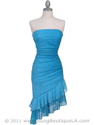 027 Turquoise Strapless Glitter Party Dress, Turquoise