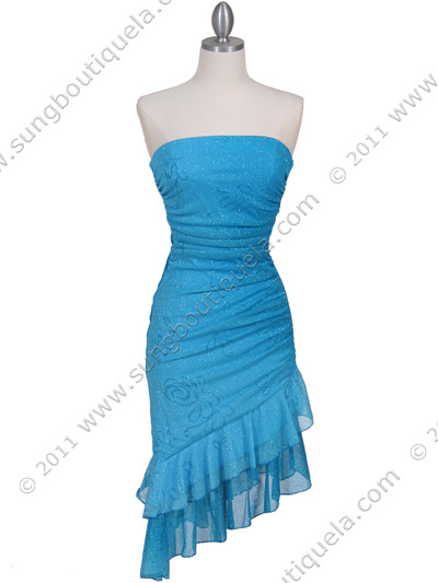 027 Turquoise Strapless Glitter Party Dress - Turquoise, Front View Medium