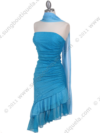 027 Turquoise Strapless Glitter Party Dress - Turquoise, Alt View Medium