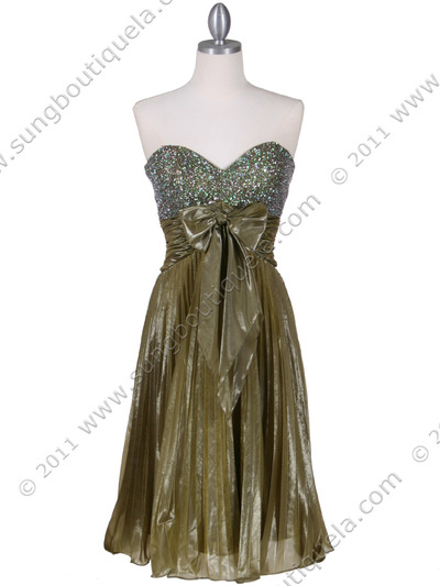 041 Green Pleated Sequin Cocktail Dress - Green, Front View Medium