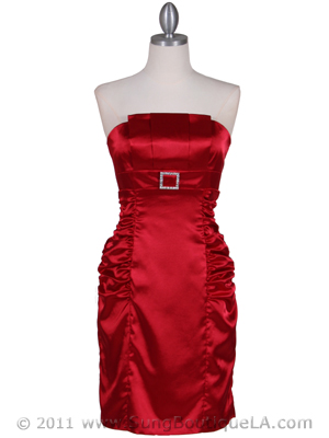 045 Red Strapless Satin Cocktail Dress, Red