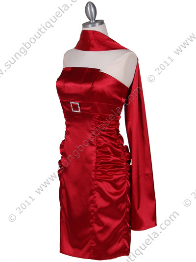 045 Red Strapless Satin Cocktail Dress - Red, Alt View Medium