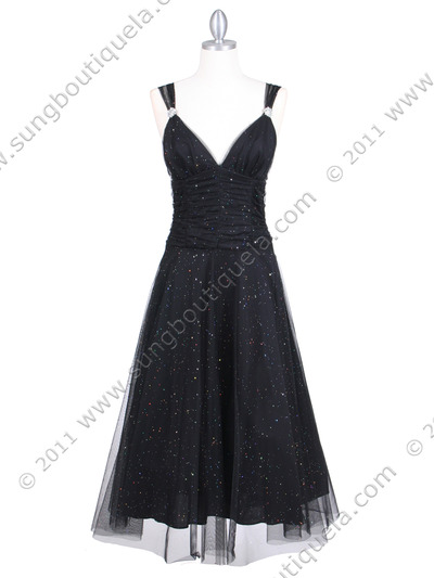 063 Black Glitter Tea Length Dress - Black, Front View Medium