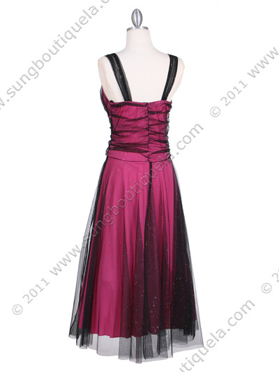 063 Black/Fuschia Glitter Tea Length Dress - Black Fuschia, Back View Medium