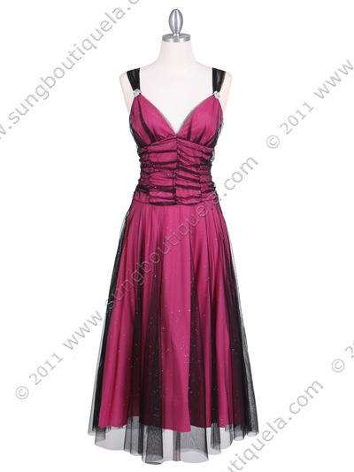 063 Black/Fuschia Glitter Tea Length Dress - Black Fuschia, Front View Medium